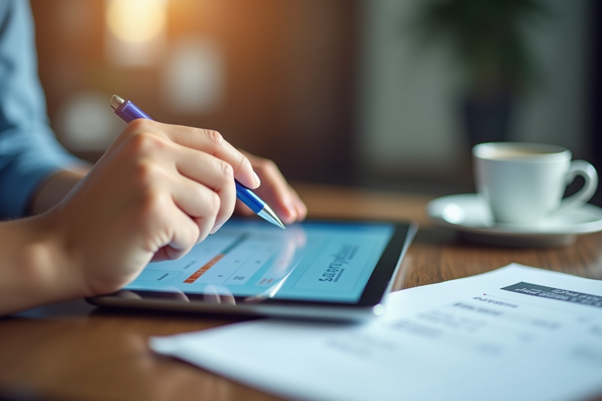 Mains entrant des informations bancaires sur une tablette