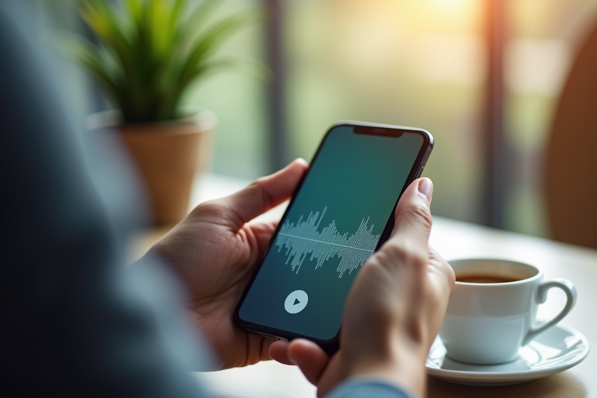 Mains tenant un smartphone avec waveform audio et icône de téléchargement