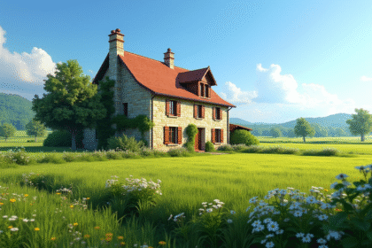 Charmante ferme en pierre avec toit rouge en campagne française