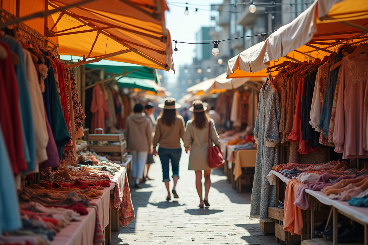 Stand de marché aux puces avec vêtements vintage et visiteurs
