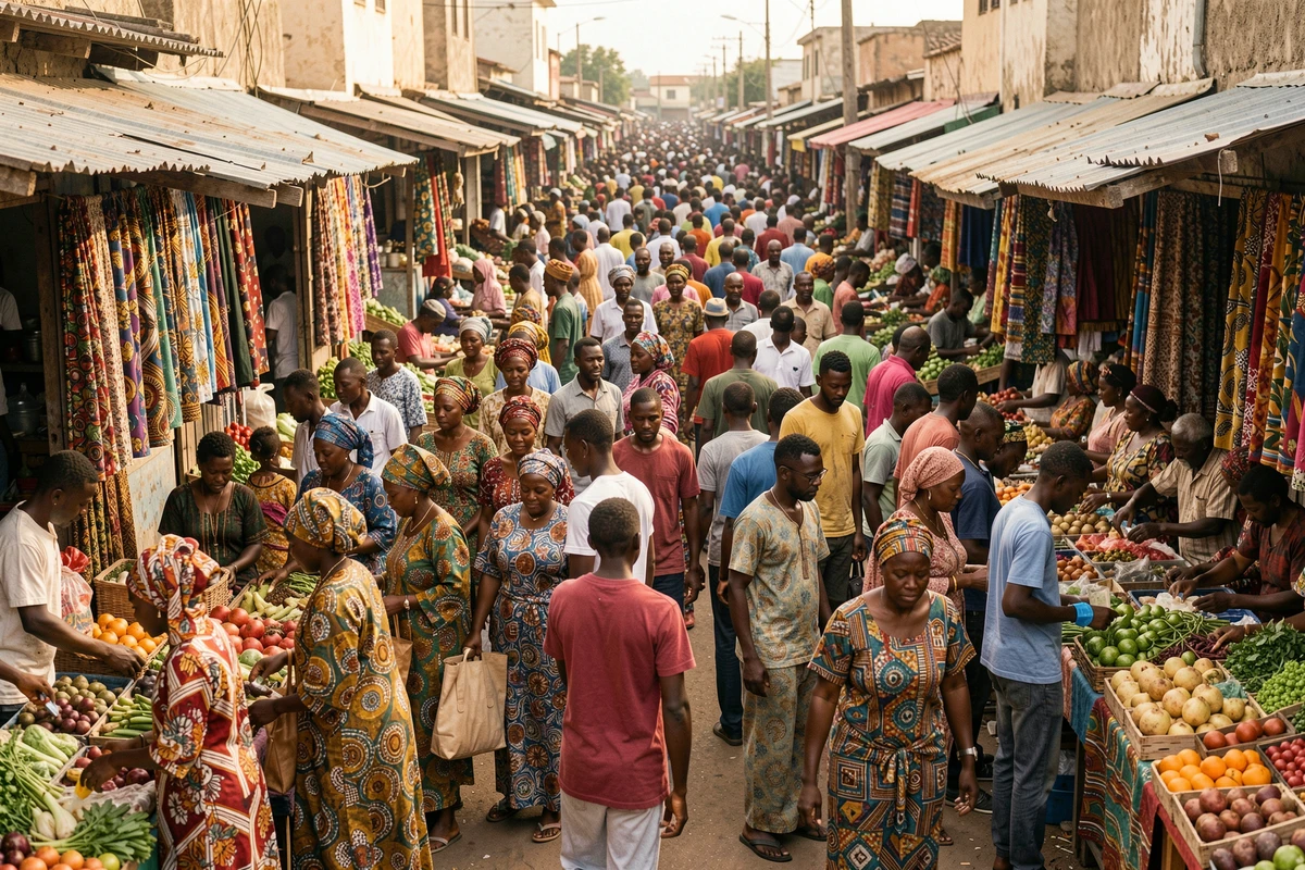 Marché populaire animé à Dakar au Sénégal illustrant la densité démographique et la vitalité urbaine des pays francophones d'Afrique subsaharienne