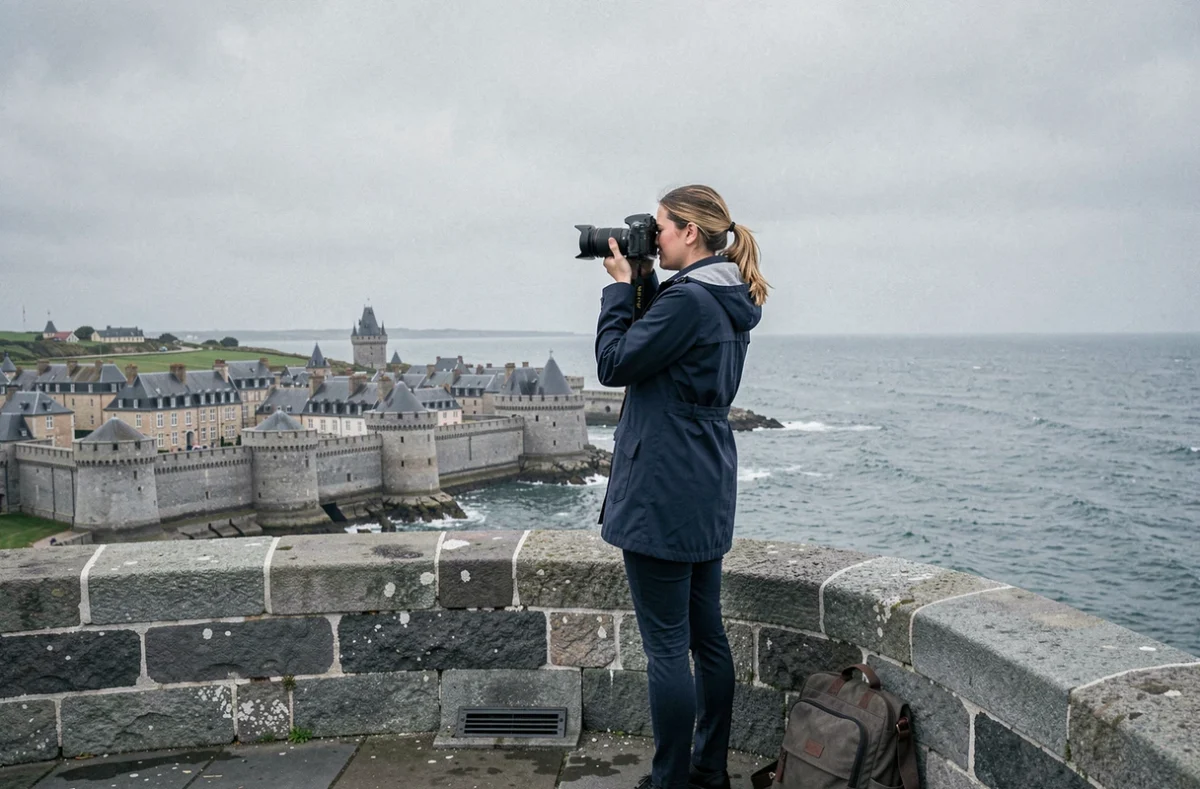 Vidéaste et photographe sur les remparts de Saint-Malo, appareil photo en main face à la mer et à la ville fortifiée