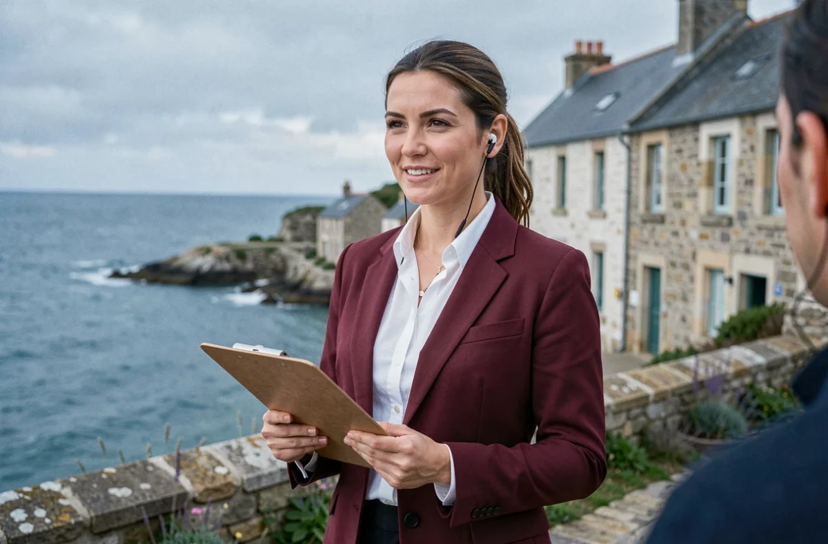 Productrice vidéo polyvalente dirigeant un tournage dans un décor côtier breton avec vue sur la mer