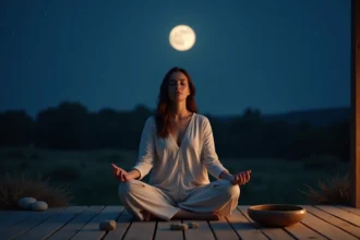 Femme méditant sous la pleine lune lors d'une nuit étoilée, assise sur une terrasse en bois avec des pierres et des herbes séchées