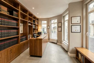 Vue d'ensemble d'un cabinet d'avocats moderne à Saint-Denis avec bibliothèque juridique et bureau d'accueil professionnel