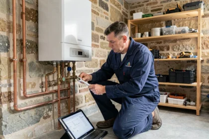 Technicien chauffagiste professionnel inspectant une chaudière murale dans une maison bretonne en pierre, illustrant les meilleurs chauffagistes du Morbihan