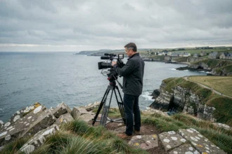 Vidéaste professionnel filmant sur les falaises bretonnes avec une caméra cinéma, paysage côtier en arrière-plan