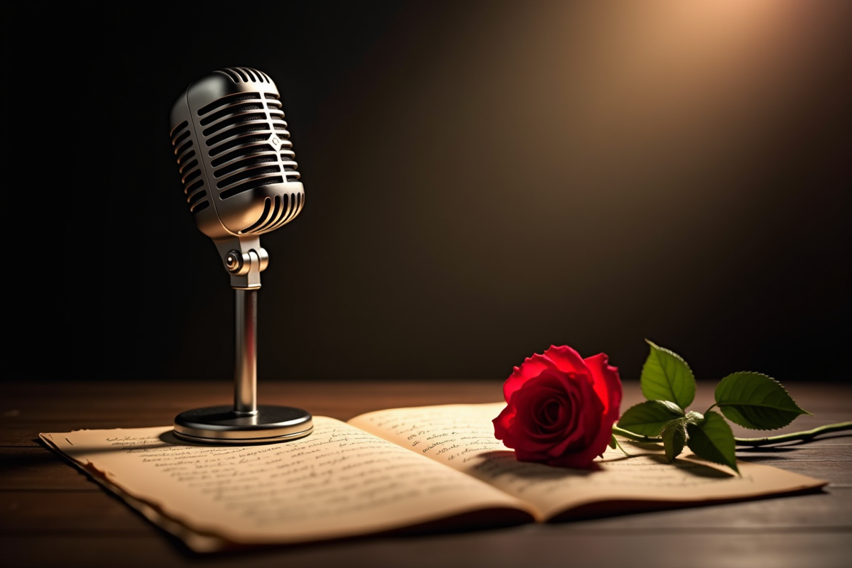 Microphone vintage sur scène avec partitions et rose rouge