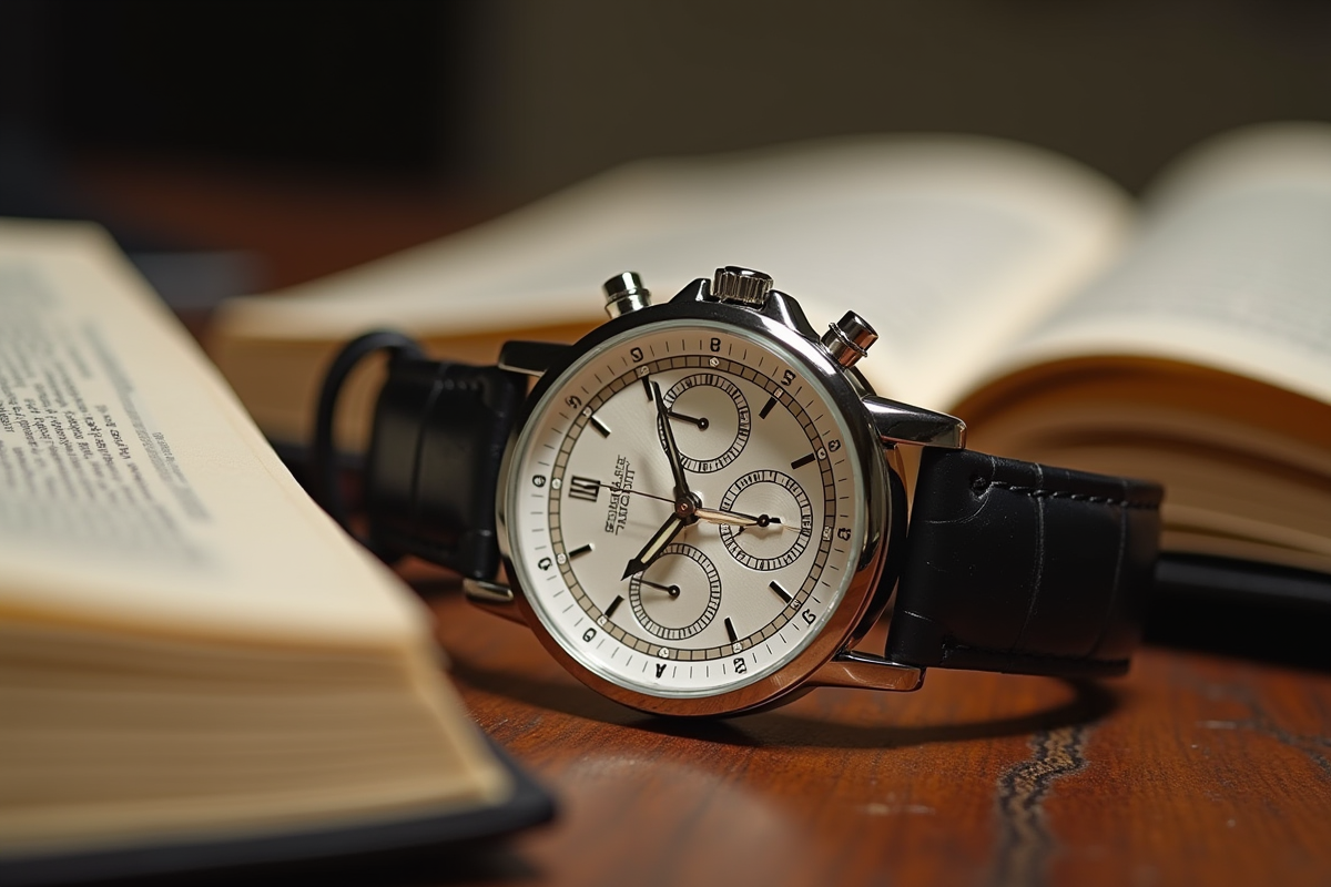 Montre bracelet avec heure 4h44 sur bureau en bois