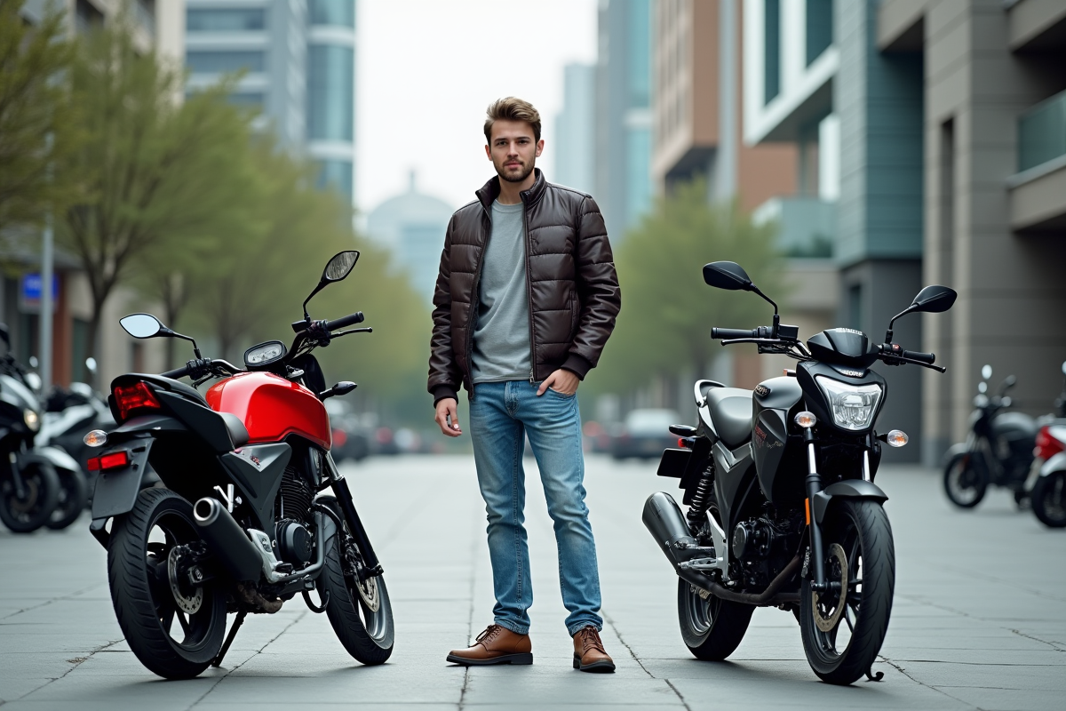 Jeune homme avec motos en ville pour article moto