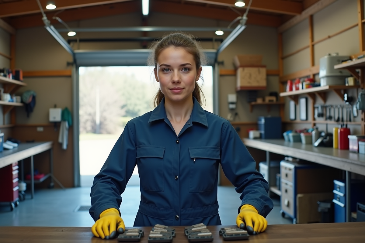 Jeune femme nettoyant des freins dans un garage organisé