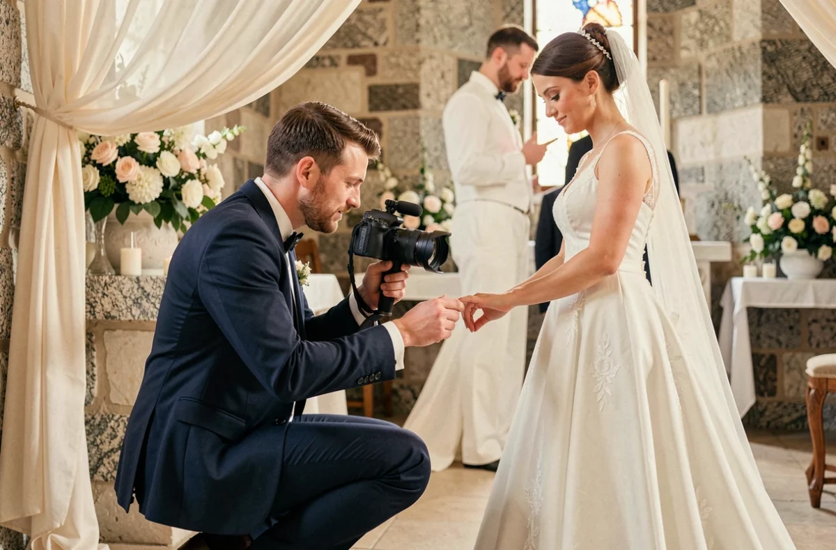 Vidéaste mariage filmant un couple lors d'une cérémonie dans une chapelle en pierre bretonne à Rennes