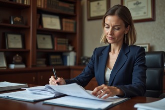 Notaire femme en costume navy examine des documents immobiliers