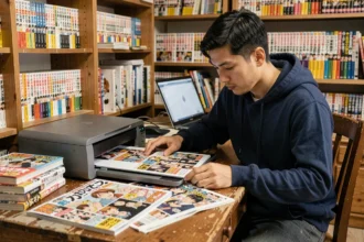 Jeune homme numérisant des chapitres de manga One Piece avec un scanner à plat connecté à un ordinateur portable dans un bureau à domicile