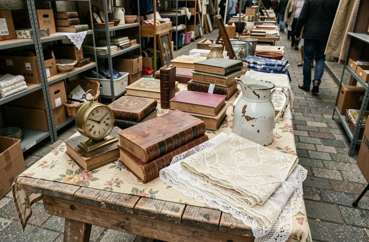 Objets vintage et antiquités exposés sur une table de brocante en plein air, incluant horloge en laiton, livres anciens et pichet émaillé