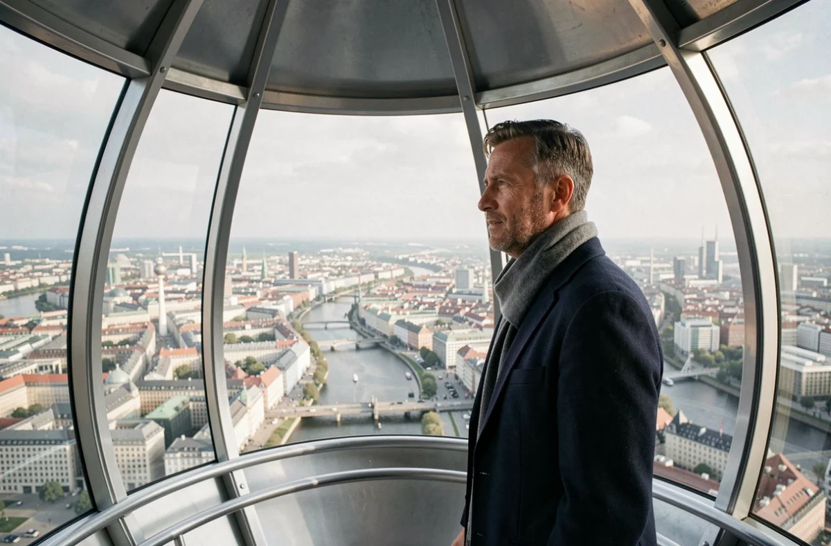 Homme dans la cabine panoramique de la Fernsehturm de Berlin avec vue aérienne sur la ville depuis la tour de télévision
