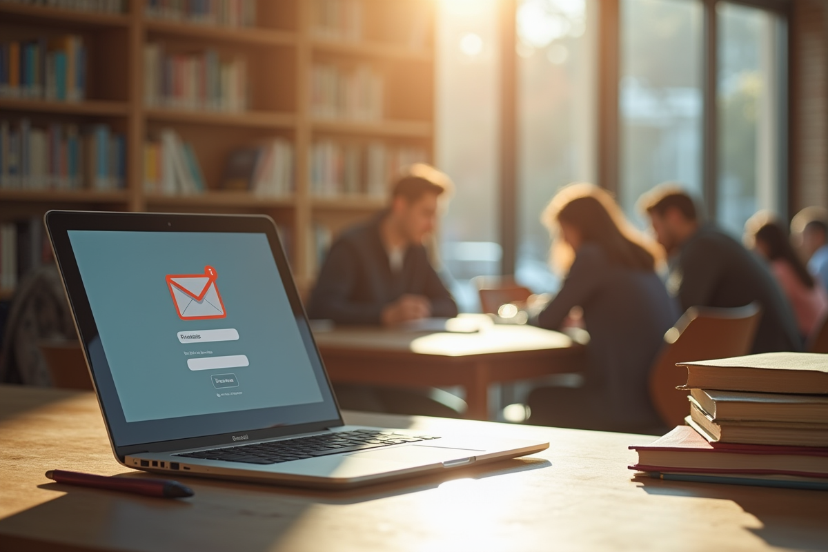 Ordinateur portable ouvert dans une bibliothèque universitaire lumineuse