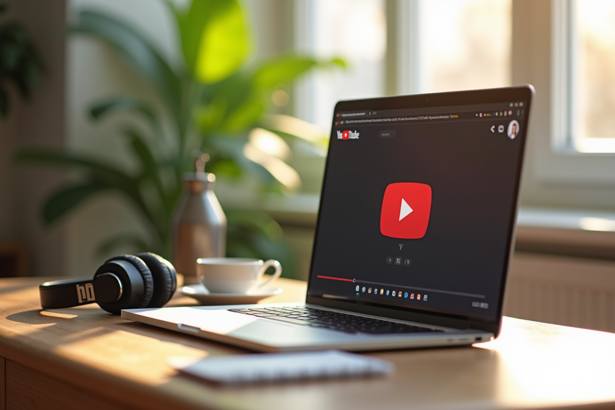 Ordinateur portable sur bureau ensoleille avec video YouTube