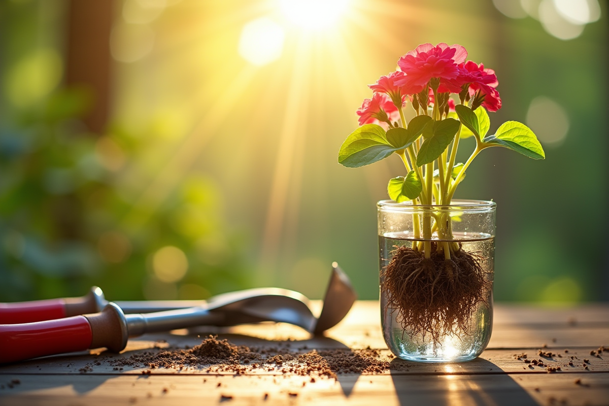 Table ensoleillée avec outils de jardinage et géranium en croissance