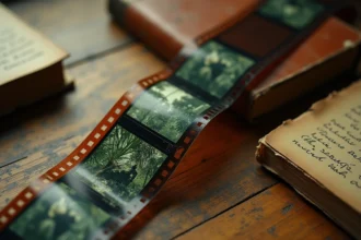 Pellicule 35mm vintage posée sur une table en bois évoquant le cinéma de guerre du Vietnam, entourée de scénarios annotés et d'un carnet en cuir