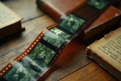 Pellicule 35mm vintage posée sur une table en bois évoquant le cinéma de guerre du Vietnam, entourée de scénarios annotés et d'un carnet en cuir