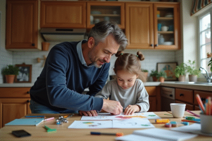 Père et fille en train de faire un projet scolaire à la maison