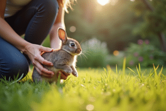 Personne à genoux dans un jardin lumineux tenant un petit lapin