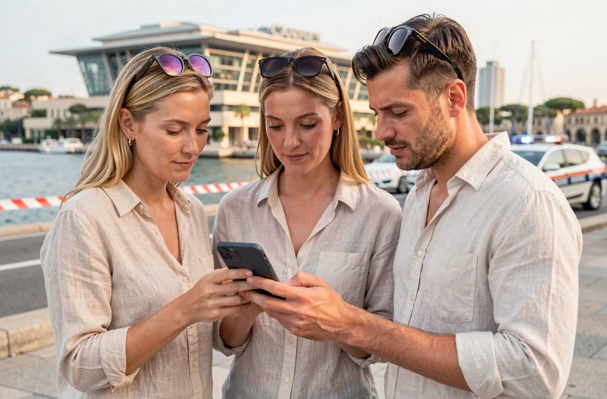 Groupe de personnes consultant les alertes en direct sur smartphone près du bord de mer de Cannes