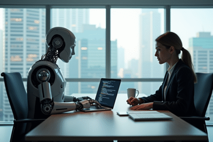 Deux personnes dans un bureau lumineux avec un robot et un ordinateur GPT