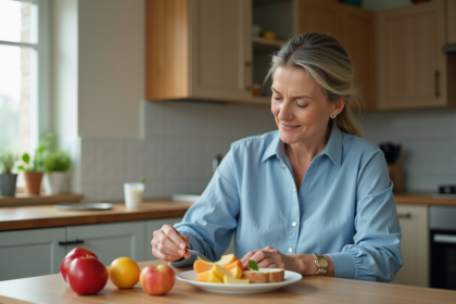 Femme préparant un petit déjeuner équilibré dans la cuisine