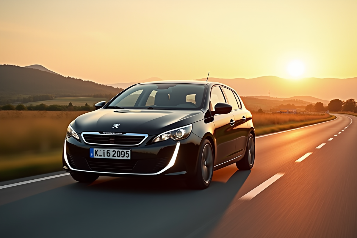 Peugeot 308 GT roulant en campagne au coucher du soleil