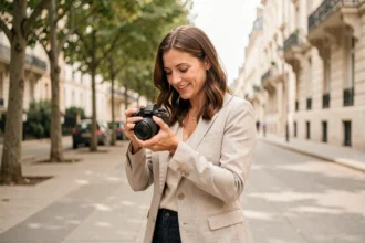 Photographe professionnelle en extérieur dans le Val-d'Oise révisant ses clichés sur un appareil photo