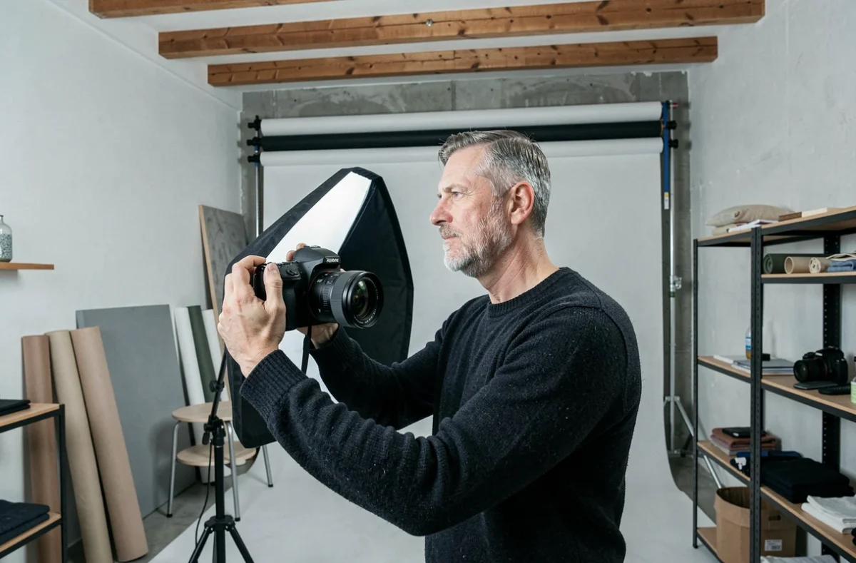 Photographe professionnel installant son studio photo dans le Val-d'Oise pour une séance portrait