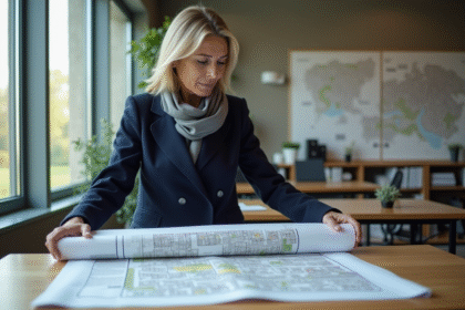 Femme en manteau bleu déployant des plans urbains dans un bureau
