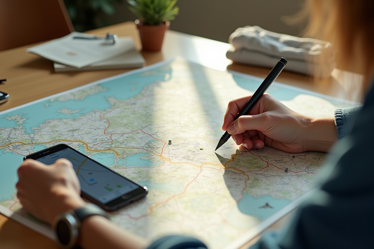 Personne planifiant un voyage en voiture sur une carte à la cuisine
