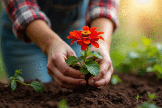 Mains de jardinier plantant un géranium dans la terre