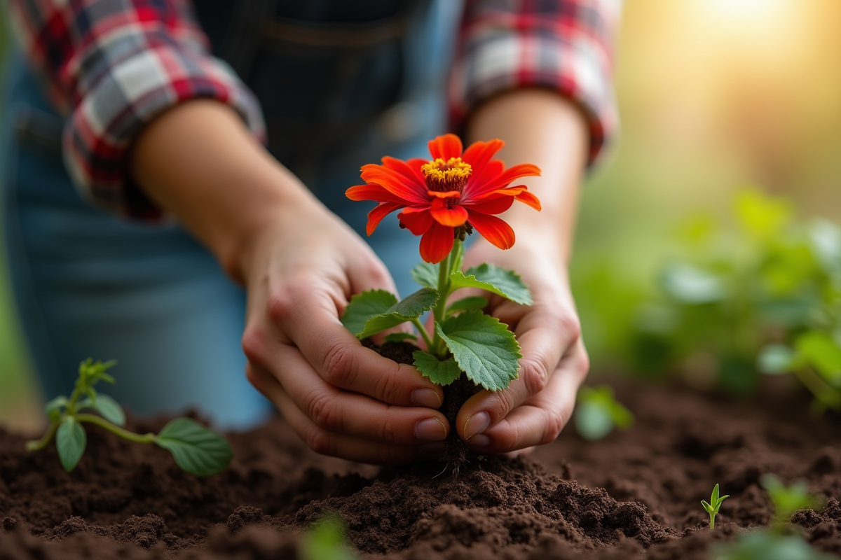 Mains de jardinier plantant un géranium dans la terre