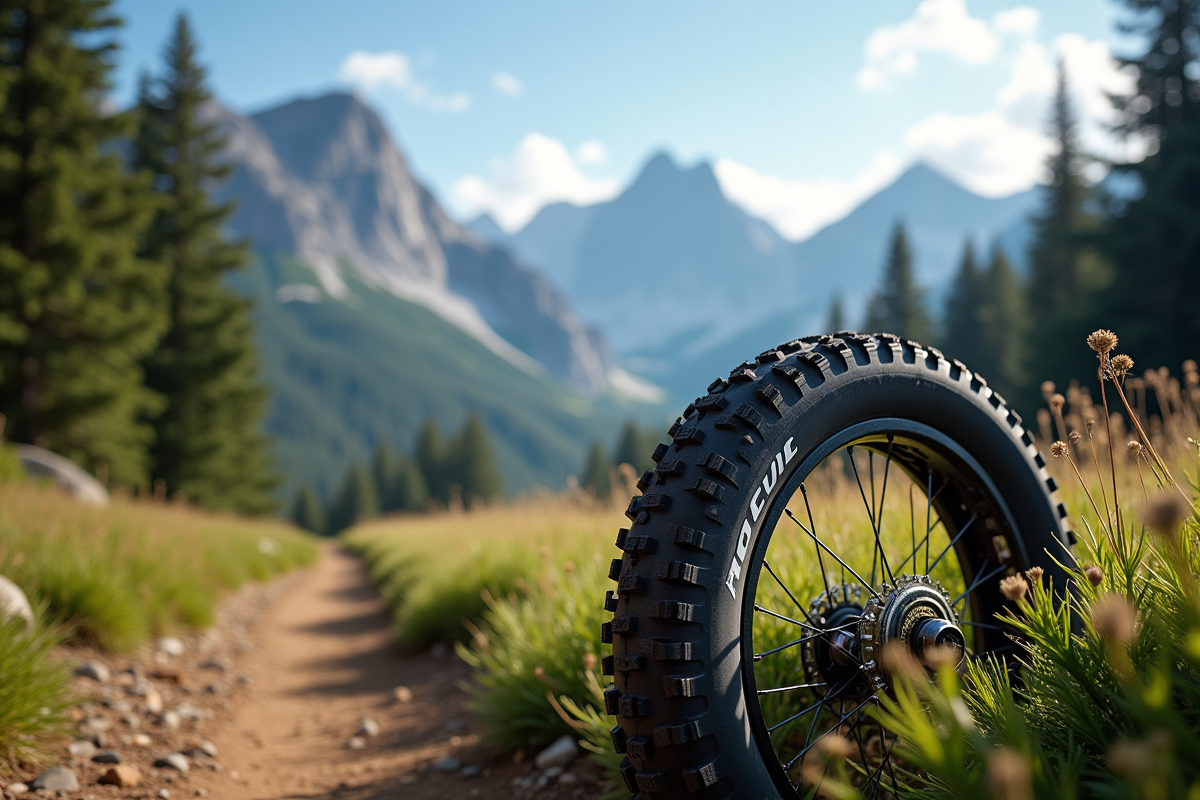 Pneu de VTT avec chambre à air de 26 pouces sur un sentier alpin ensoleille
