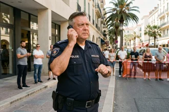 Policier français en uniforme gérant une alerte de sécurité dans une rue cordonnée de Cannes