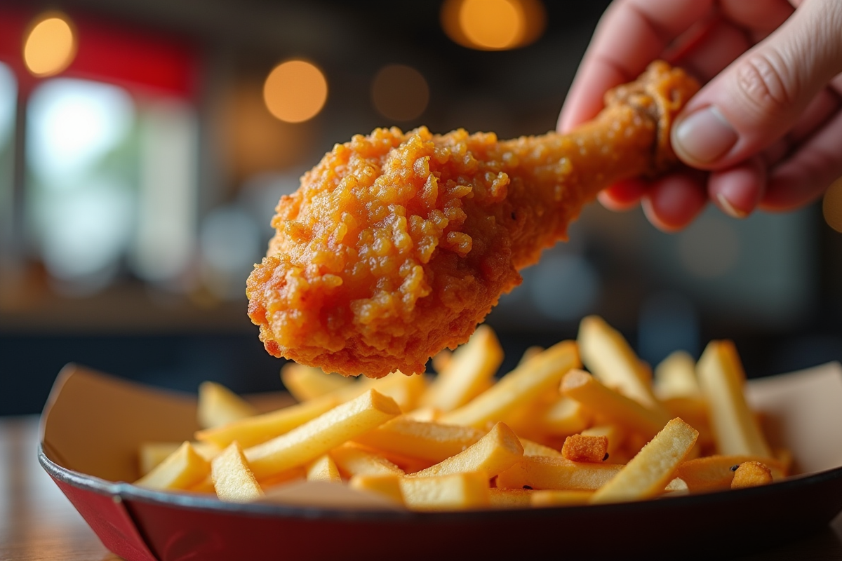 Gros plan sur un pilon de poulet frit juteux dans un environnement de restauration