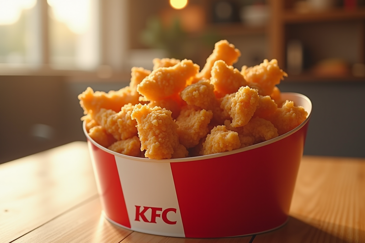 Poulet frit doré servi dans un seau sur une table en bois