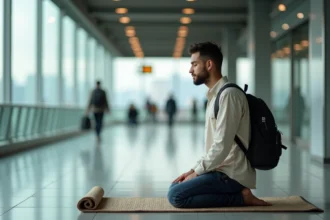 Voyageur musulman en prière sur un tapis dans une gare moderne de Toulouse