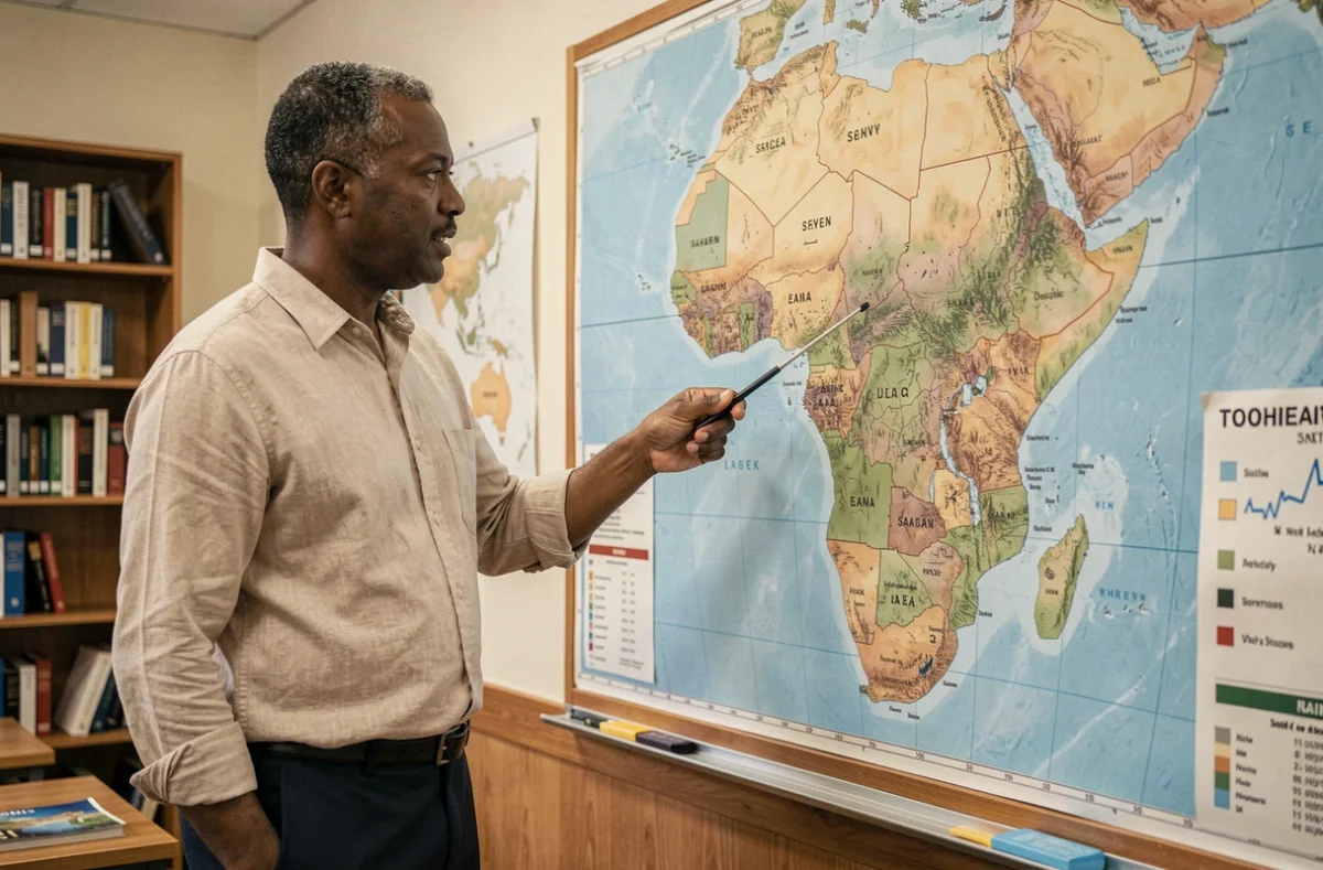 Professeur de géographie indiquant les plus grands pays d'Afrique sur une carte murale dans une salle de cours universitaire