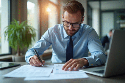 Professionnel élégant analysant des fiches de paie sous lumière naturelle