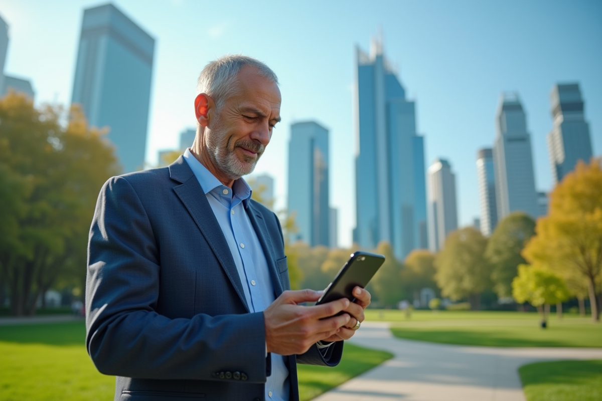 Professionnel avec smartphone dans un parc urbain futuriste
