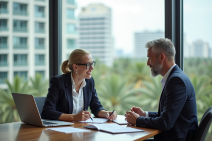 Homme et femme d affaires discutant dans un bureau moderne