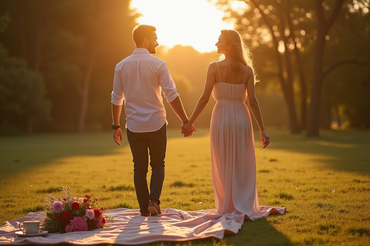 Jeune couple main dans la main dans un parc ensoleille