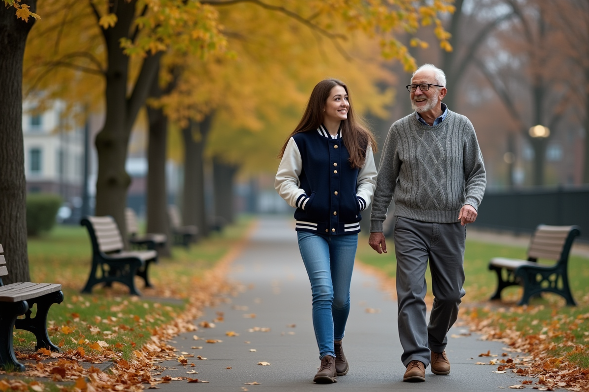 Adolescente aidant un homme âgé dans un parc en automne