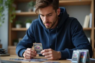 Jeune homme examinant une carte holographique Étincelles Déferlantes avant de la protéger dans une sleeve de protection