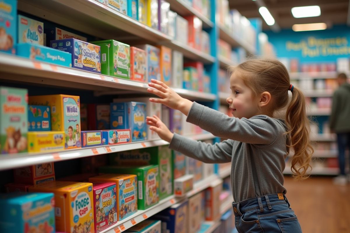 Rayon de jeux de société pour enfants dans un magasin lumineux